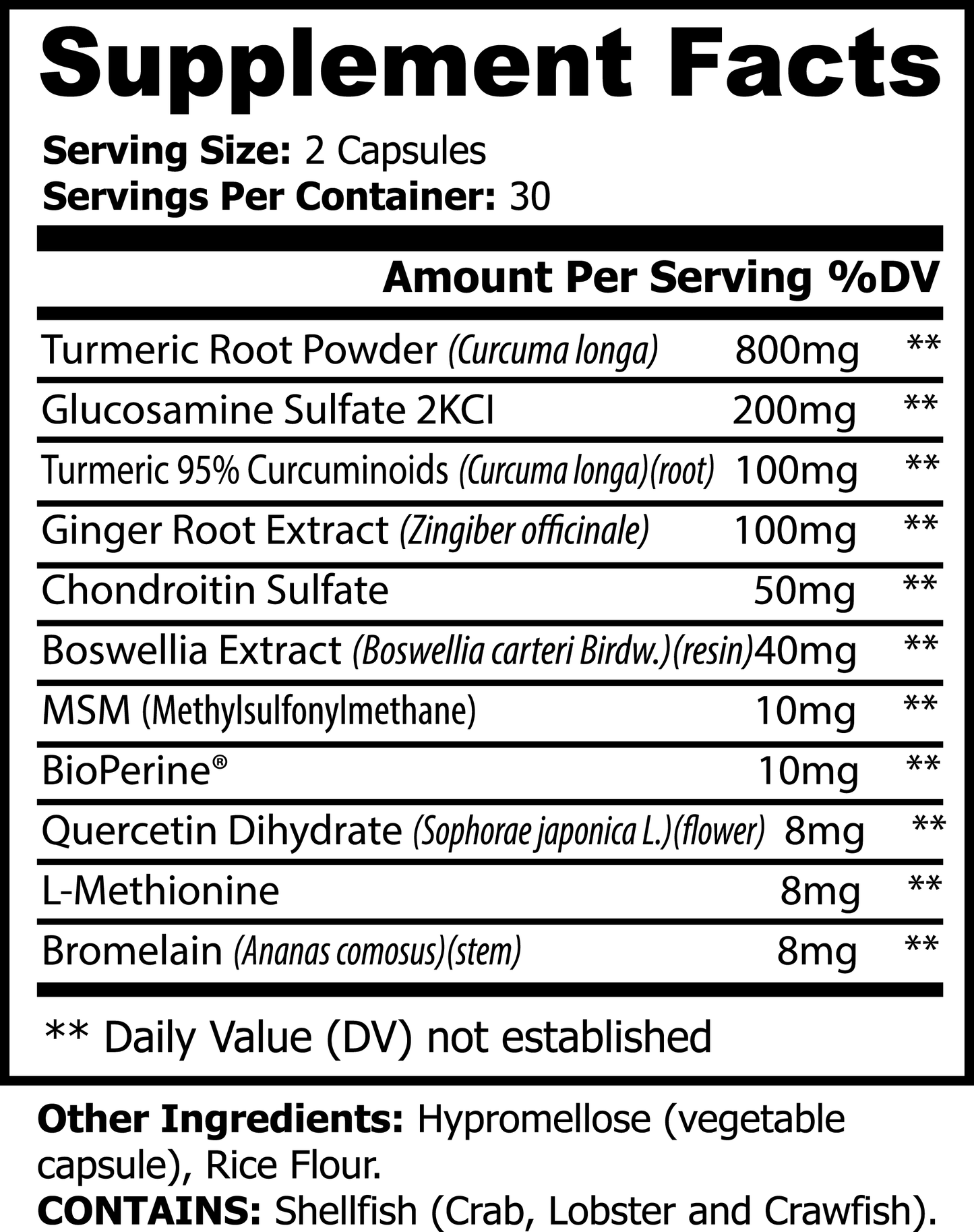 The Supplement Facts label for 111 & COMPANY PLATINUM TURMERIC CAPSULES indicates each serving size of 2 capsules includes turmeric, Boswellia extract, ginger root extract, and chondroitin sulfate. There are 30 servings per container and it contains shellfish allergens.