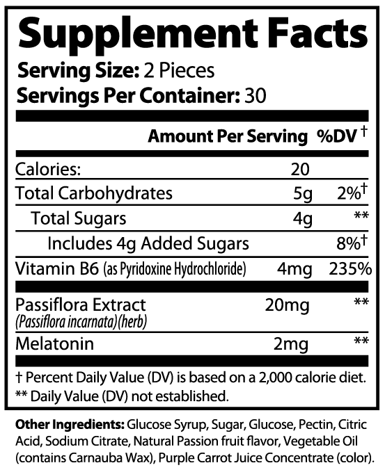 Black and white “Supplement Facts” label for 111 & COMPANY SLEEP WELL GUMMIES (ADULT) by 111 & Company, listing serving size (2 pieces), servings per container (30), nutrients, herbal ingredients, and daily value—ideal for restful sleep support.