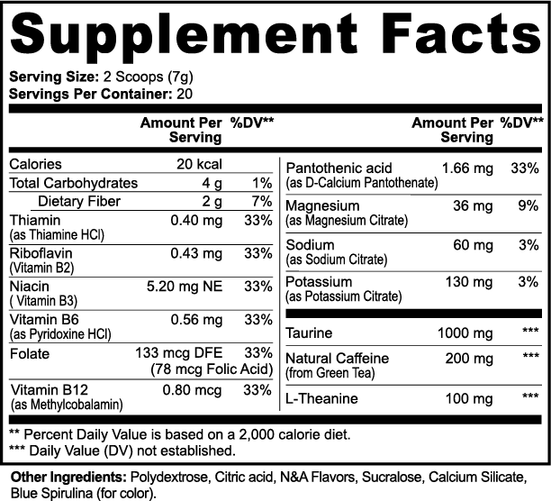 The black-and-white Supplement Facts label for 111 & COMPANY ENERGY POWDER (COTTON CANDY) lists a serving size of 2 scoops (7g), 20 servings per container, and details on vitamins, minerals, taurine, natural caffeine, L-theanine, calories, carbs, sodium and potassium.