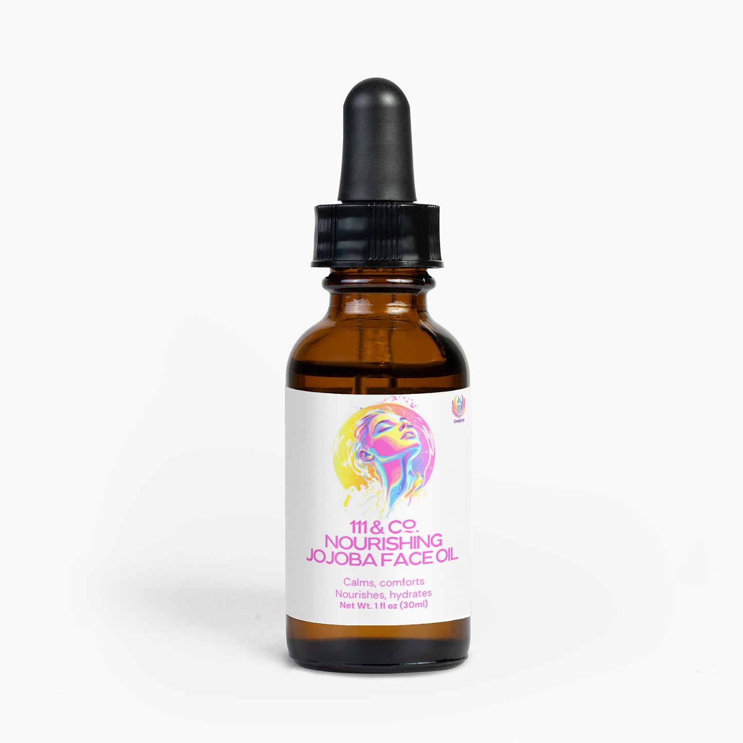 A 1 fl oz (30 ml) amber glass bottle from 111 & Company has a black dropper cap and features an artistic womans face design. Labeled 111 & Company Nourishing Jojoba Face Oil, it highlights calming, nourishing, and hydrating benefits powered by jojoba seed oil.
