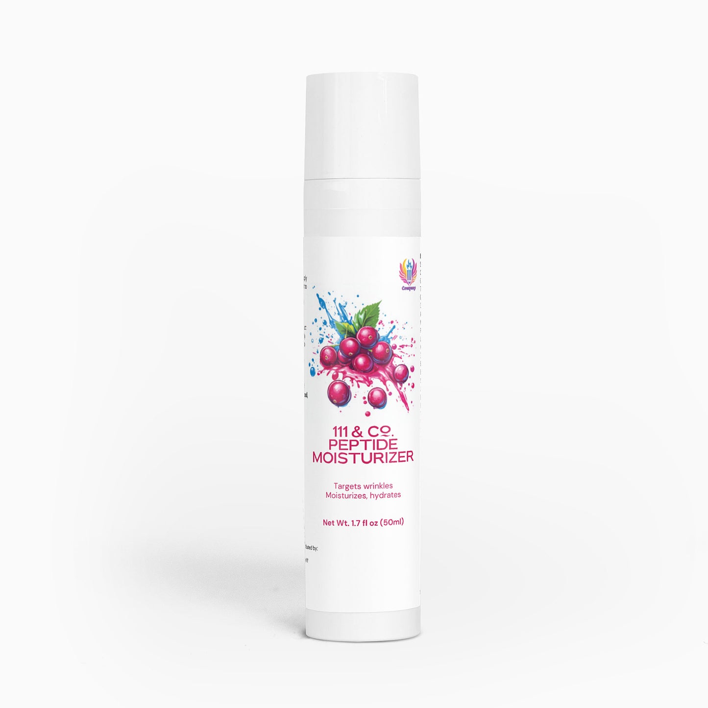 The 111 & COMPANY PEPTIDE MOISTURIZER features a white 1.7 fl oz (50 ml) bottle with a cranberry illustration on top. Its label highlights wrinkle-targeting, moisturizing, and hydrating properties for anti-aging and skin health against a plain white background.