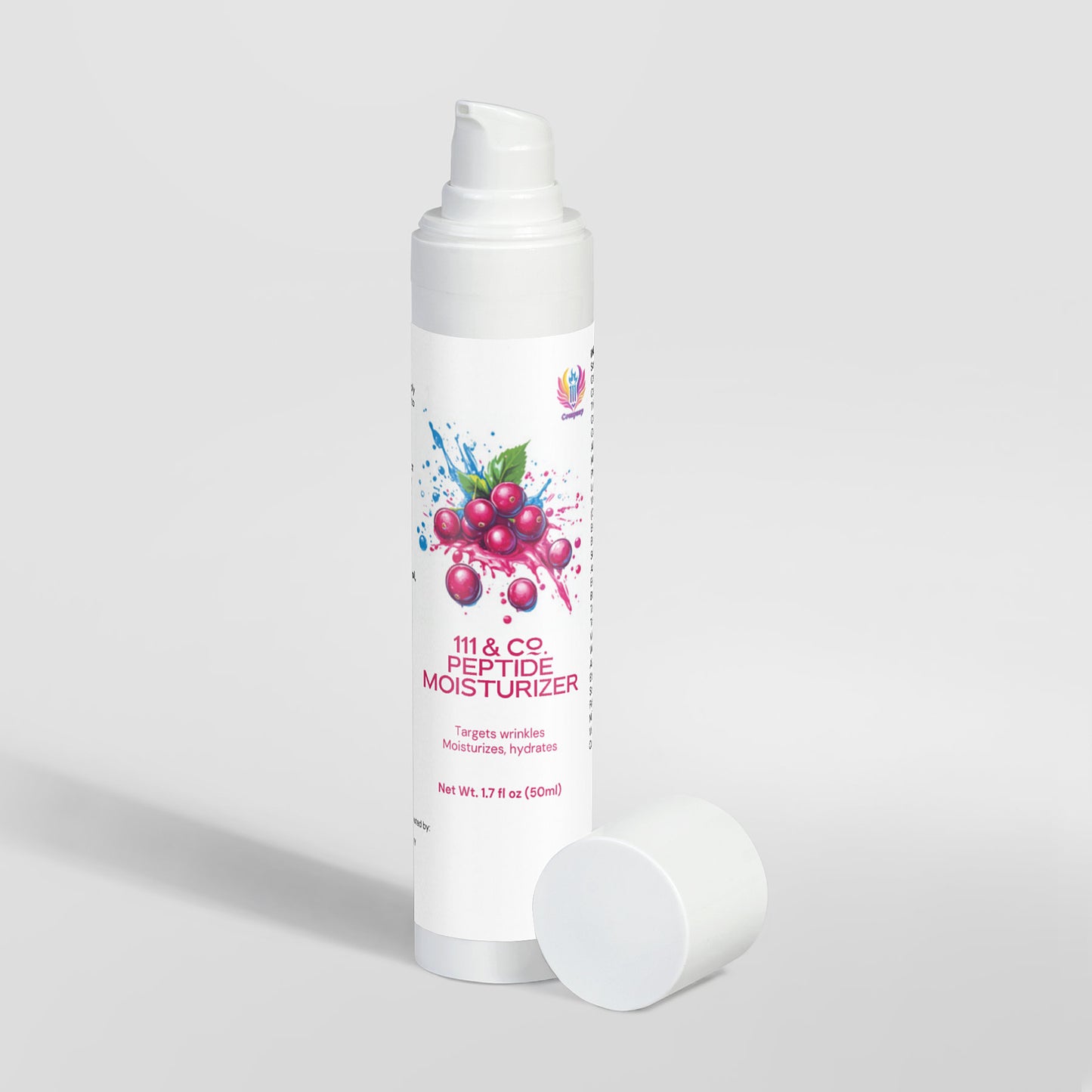The image shows a white cylindrical bottle of 111 & Company Peptide Moisturizer, promoting skin health and anti-aging. Its label features colorful abstract graphics with cranberries; the cap is beside it. Its 1.7 fl oz (50 ml) for targeting wrinkles and hydrating the skin.