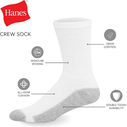 A pack of black Hanes Mens Double Tough Crew Socks (12 pairs, size 12-14) is shown. Four icons highlight moisture wicking, all-over cushion, odor control, and double tough durability. The red Hanes logo appears at the top left.