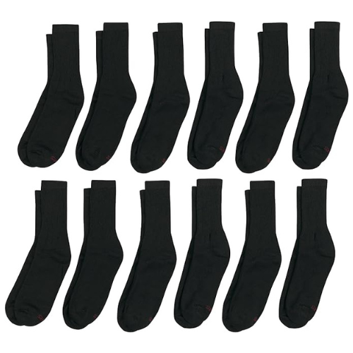 Twelve pairs of Hanes Mens Double Tough Crew Socks, size 12-14, black, are arranged in three rows of four on a white background, each pair side by side and all toes pointing left for a uniform display.