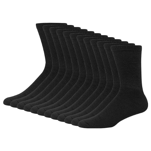 Twelve pairs of Hanes Mens Double Tough Crew Socks, size 12-14, black, are neatly lined up side-by-side on a white background to show the heel and toe.