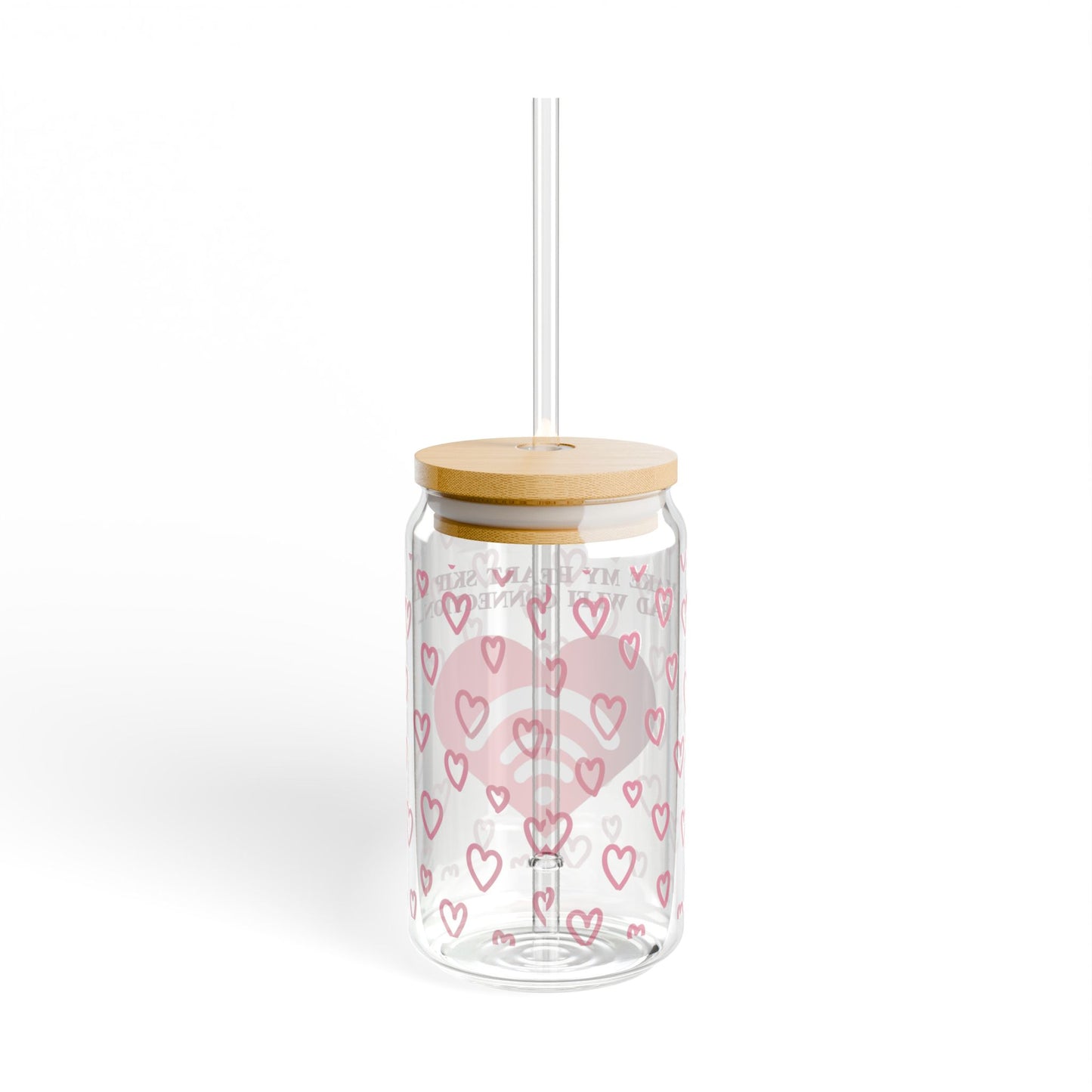 The Valentines WiFi Sipper Glass by 111 & Company features a bamboo lid, clear straw, pink hearts, and all you need is love in light pink text. This 16 oz glass adds unique charm with its circular lids small straw opening on a plain white background.