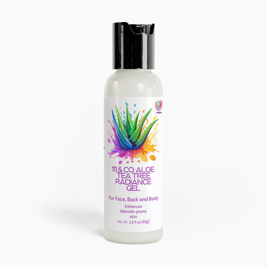 A 111 & Company Aloe Tea Tree Radiance Gel is ready for use. The sleek white bottle with a black cap displays a vibrant aloe illustration. It states For Face, Back and Body and Enhances blemish-prone skin. Net weight: 2.2 fl oz (62g).