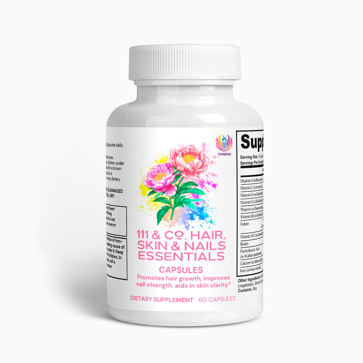 A white bottle labeled  111 & COMPANY NOURISH HAIR, SKIN & NAILS CAPSULES features a colorful floral design and claims to boost hair growth, improve nail strength, and enhance skin clarity by supporting elastin production. It contains 60 capsules, with supplement facts on the side.