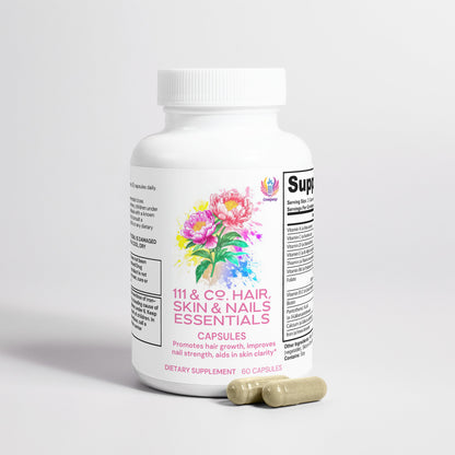 A white bottle labeled 111 & COMPANY NOURISH HAIR, SKIN & NAILS CAPSULES from 111 & COMPANY features a colorful floral design and holds dietary supplements rich in biotin. Two capsules are nearby, promoting benefits for hair growth, nail strength, and skin clarity. Contains 60 capsules