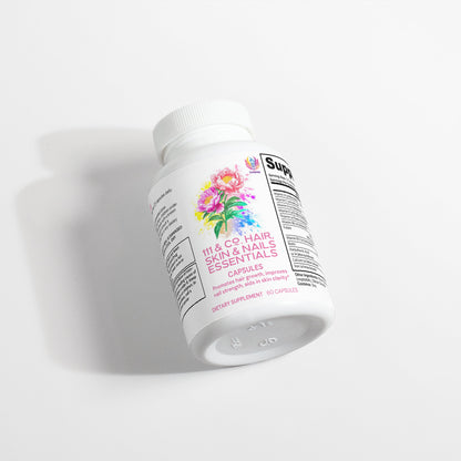 A bottle of 111 & COMPNAY NOURISH HAIR, SKIN & NAILS CAPSULES sits against a white backdrop, adorned with a colorful flower illustration and black product info text. The tilted bottle casts a subtle shadow.