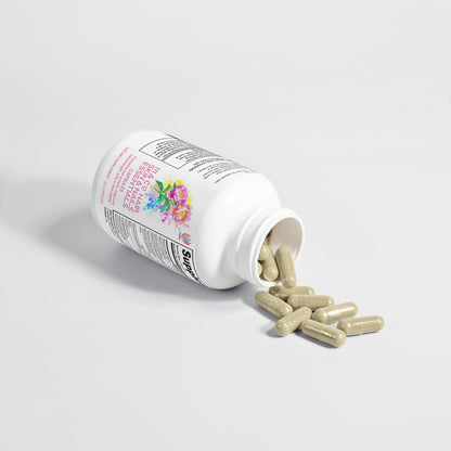 Gray capsules spill from a white bottle on its side, featuring the 111 & COMPNAY NOURISH HAIR, SKIN & NAILS CAPSULES label by 111 & COMPANY. The floral design hints at its benefits, enhancing your routine with purity against a plain white background.