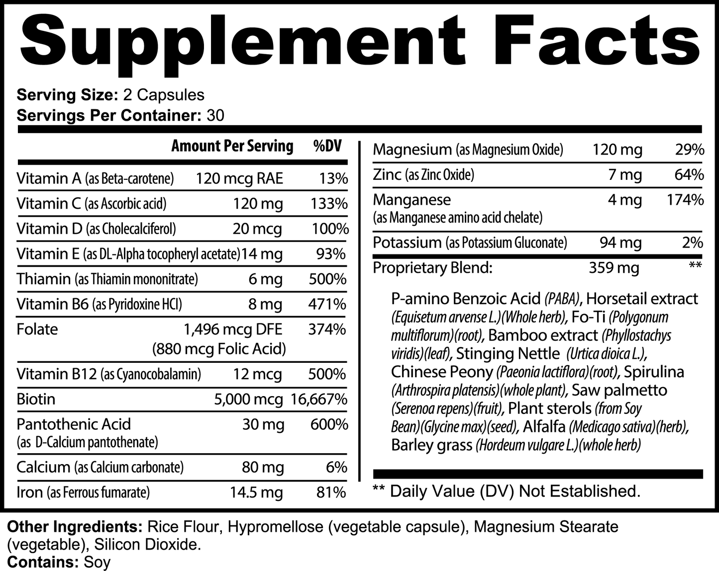 The supplement facts label for 111 & COMPANY NOURISH HAIR, SKIN & NAILS CAPSULES by 111 & COMPANY details nutrients in 2 capsules: Vitamins A, C, D, E, B6, Folate, B12; Pantothenic Acid; Calcium, Zinc, Magnesium, Potassium. Contains a proprietary blend with rice flour and soy.