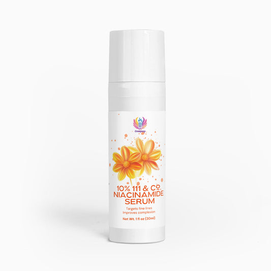 A cylindrical white bottle from 111 & Company, featuring orange flowers and text, contains the  111 & Co. 10% Niacinamide Serum. It targets fine lines, improves skin tone, is enriched with sodium hyaluronate, and offers a net volume of 1 fl oz (30 ml).