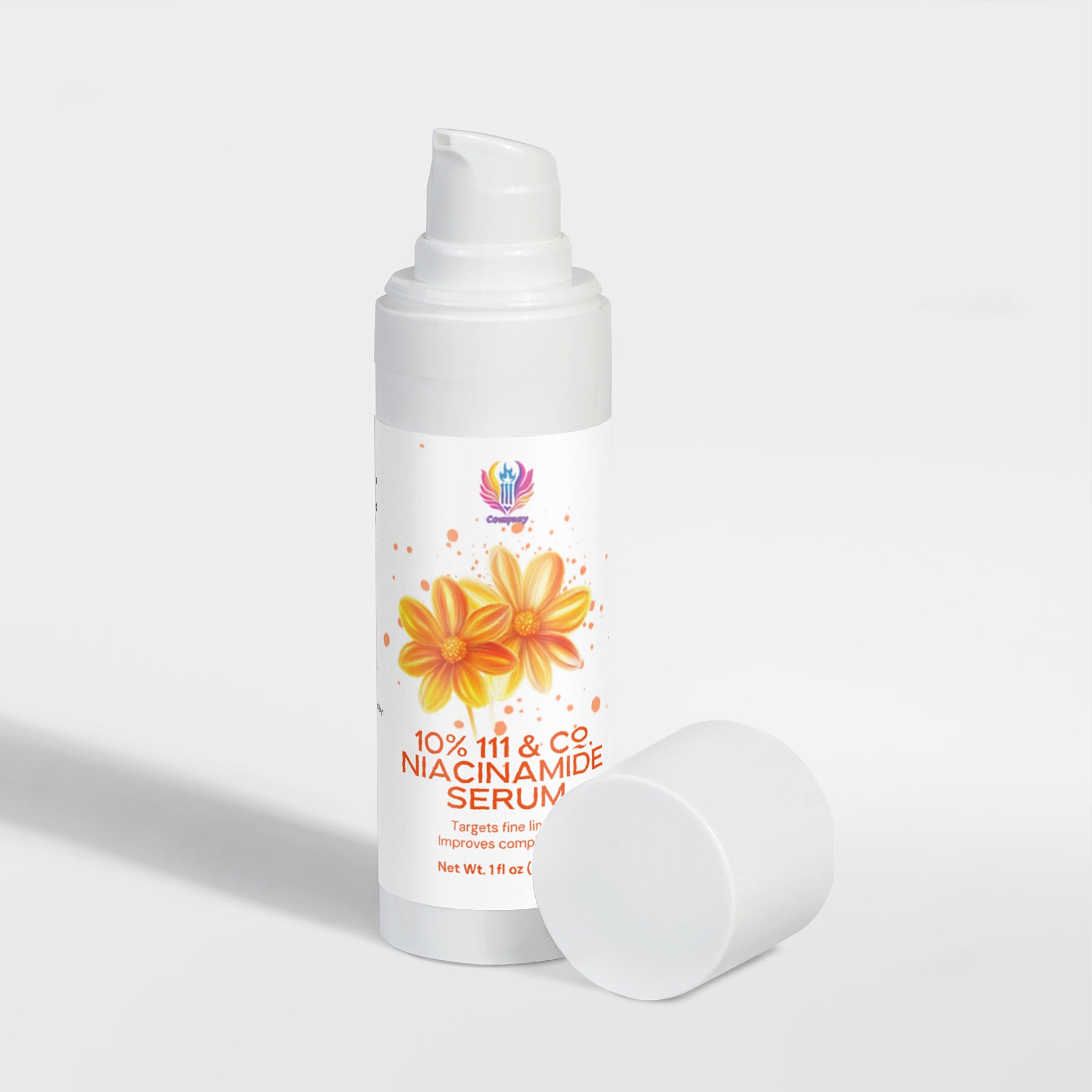 A white pump bottle labeled 111 & Co. 10% Niacinamide Serum by 111 & Company stands upright with a matching cap beside it. The packaging features a logo, two orange flowers on a white background, and highlights benefits like enhancing skin tone, targeting fine lines, and improving complexion.