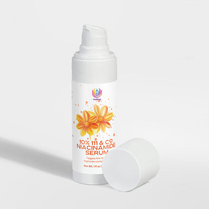 A white pump bottle labeled 111 & Co. 10% Niacinamide Serum by 111 & Company stands upright with a matching cap beside it. The packaging features a logo, two orange flowers on a white background, and highlights benefits like enhancing skin tone, targeting fine lines, and improving complexion.
