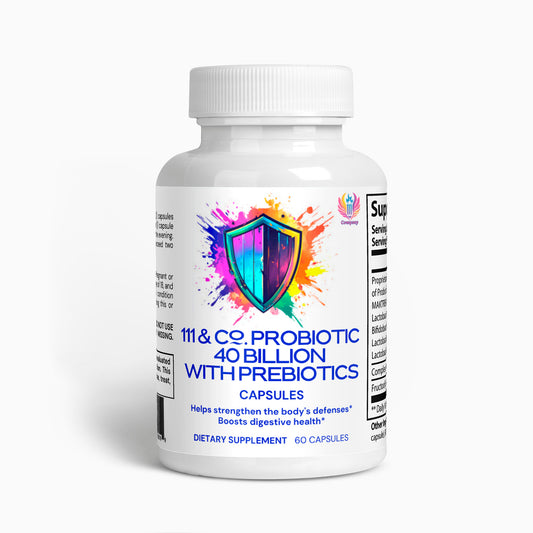 A white bottle of 111 & COMPANY PROBIOTIC 40 BILLION WITH PREBIOTICS from 111 & Company features a colorful shield design, claiming to boost digestive health and strengthen defenses with potent probiotics. Contains 60 capsules.