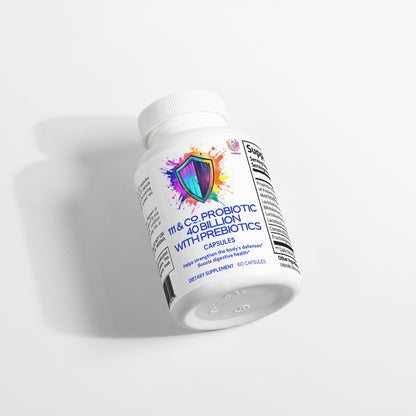 A white bottle of 111 & COMPANY PROBIOTIC 40 BILLION WITH PREBIOTICS from 111 & Company features a colorful shield graphic on a white background, containing 60 capsules that highlight the benefits of diverse probiotic strains for enhanced digestive health.