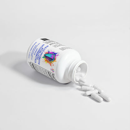 A tipped white bottle with vibrant graphics spills white capsules onto a plain surface. The label, showcasing 111 & COMPANY PROBIOTIC 40 BILLION WITH PREBIOTICS by 111 & Company, features a lively geometric design, emphasized by the softly lit minimalistic background.