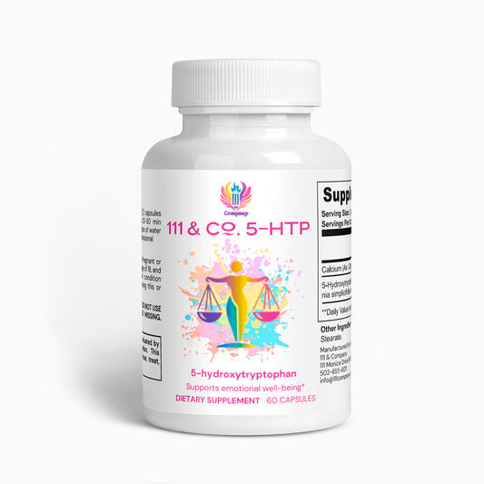 White bottle labeled 111 & Co. 5-HTP by 111 & Company features a vibrant human figure with scales, symbolizing balance and serotonin support. Highlights 5-hydroxytryptophan for emotional well-being. Contains 60 capsules with visible warnings and supplement facts.