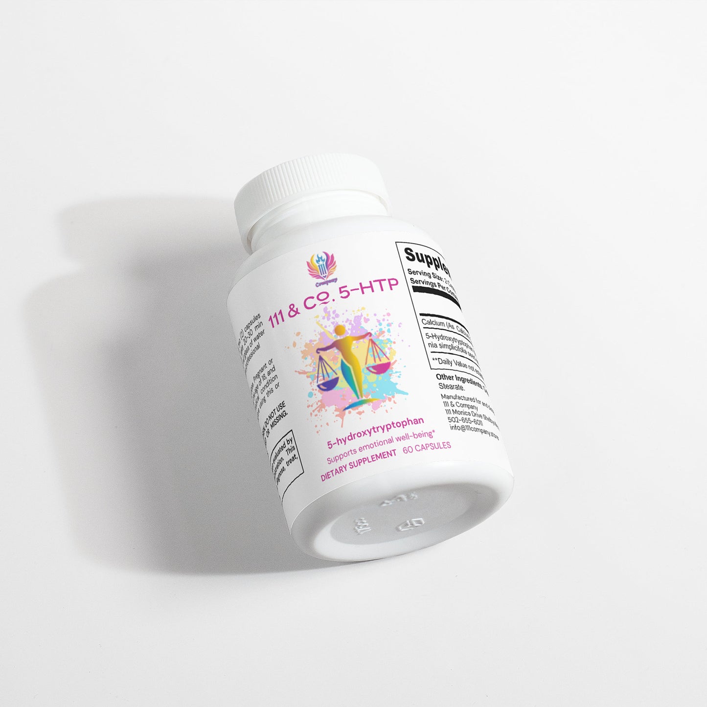 A white 111 & Co. 5-HTP bottle by 111 & Company stands on a light surface, casting a soft shadow. It features colorful abstract art and contains 60 capsules of 5-hydroxytryptophan for serotonin support and emotional well-being as a dietary supplement.