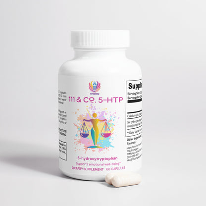 The 111 & Co. 5-HTP bottle by 111 & Company features a white design with colorful artwork of a balance scale, labeled to support serotonin and emotional well-being. It contains 60 capsules, with two shown alongside, highlighting an abstract logo at the top.