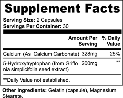 Image of  111 & Company 5-HTP label, promoting emotional well-being: Serving size is 2 capsules (30 servings per container) with 328mg Calcium (25% DV) from Calcium Carbonate and 200mg serotonin support from Griffonia simplicifolia. Contains Gelatin and Magnesium Stearate.