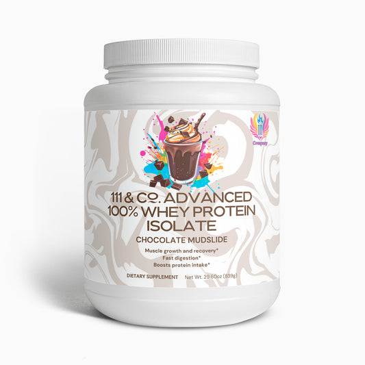 The 111 & Company Chocolate Mudslide Whey Protein container features a vibrant graphic highlighting benefits such as muscle recovery, fast digestion, and boosted protein intake. It is chocolate flavored with a net weight of 2.95 lbs (1338 grams).