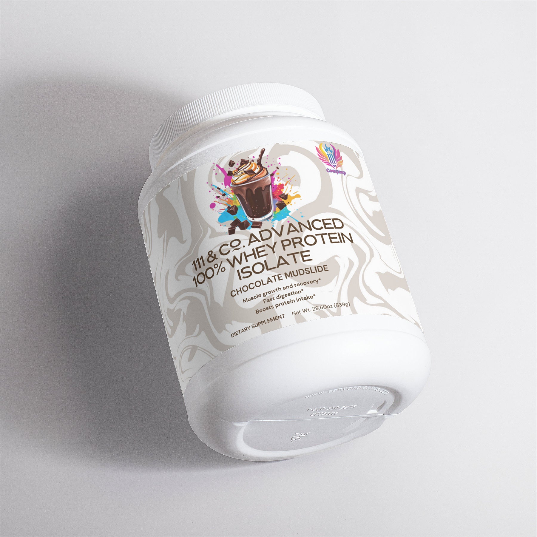 A container of 111 & Company Chocolate Mudslide Whey Protein is perfect for muscle recovery. It features a chocolate milkshake image on the label and is set against a plain background.