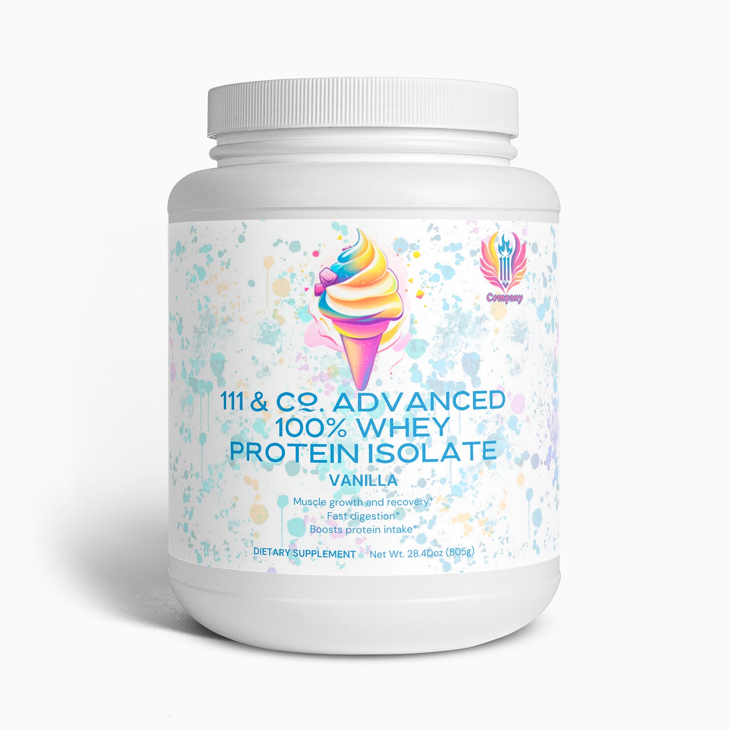 A white container of  111 & Co. Advanced 100% Whey Protein Isolate (Vanilla) displays an ice cream cone graphic with pastel splashes, promoting muscle recovery, growth, and digestion support, weighing 28.4 oz (805 g).