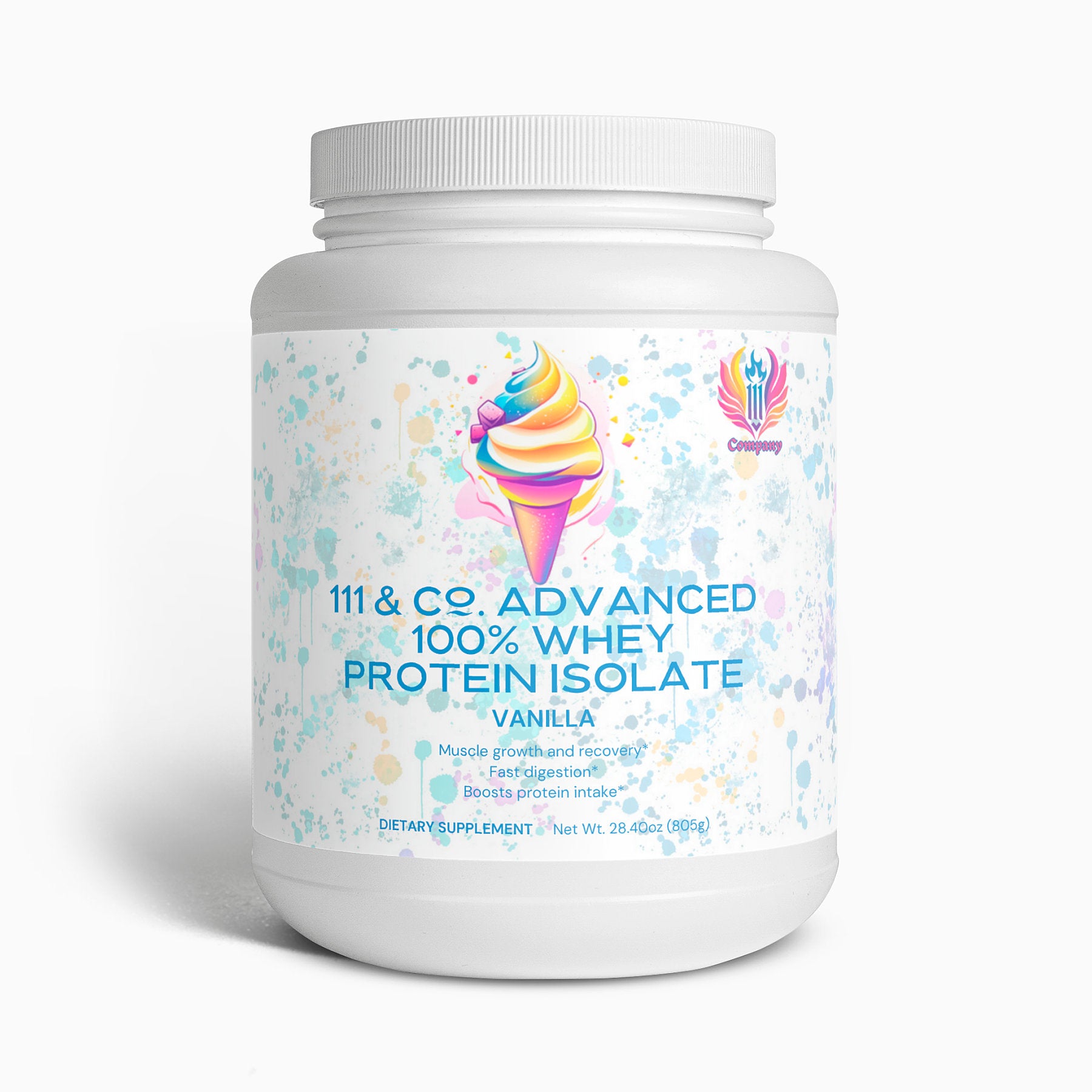 A white container of  111 & Co. Advanced 100% Whey Protein Isolate (Vanilla) displays an ice cream cone graphic with pastel splashes, promoting muscle recovery, growth, and digestion support, weighing 28.4 oz (805 g).