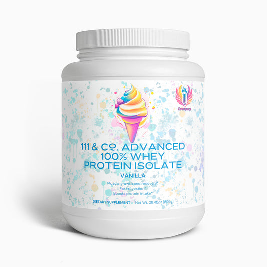 A white container of  111 & Co. Advanced 100% Whey Protein Isolate (Vanilla) displays an ice cream cone graphic with pastel splashes, promoting muscle recovery, growth, and digestion support, weighing 28.4 oz (805 g).