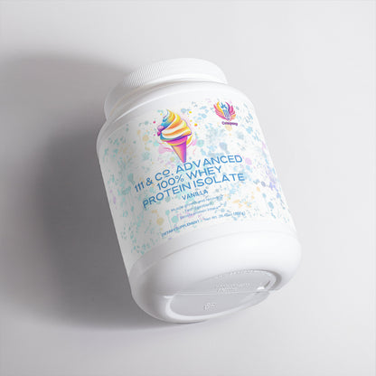 The large white container of 111 & Co. ADVANCED 100% WHEY PROTEIN ISOLATE (VANILLA) by 111 & Company features a colorful abstract design with an ice cream cone icon, ideal for muscle recovery, and elegantly stands against a simple white background.