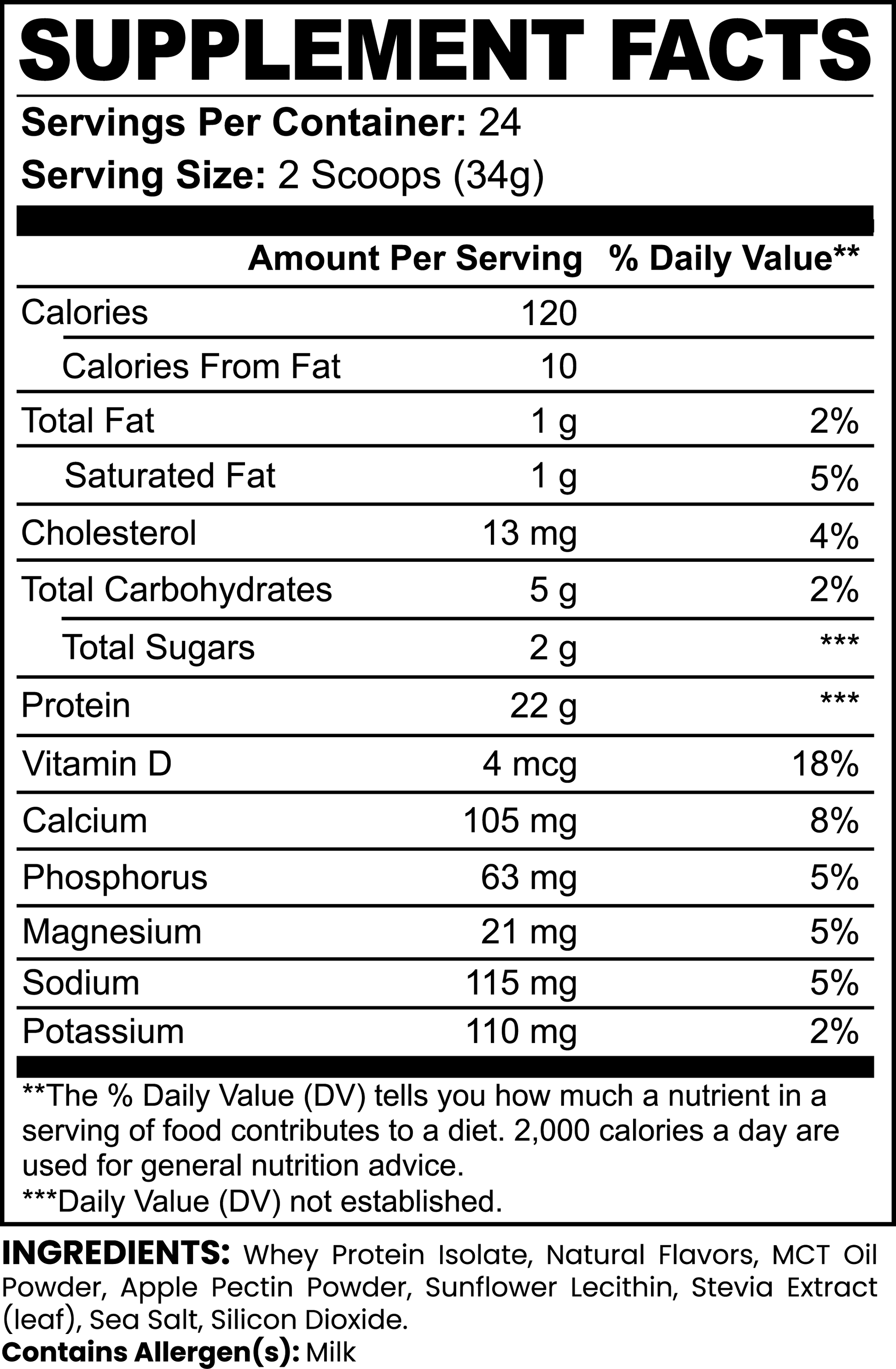 The 111 & Co. ADVANCED 100% WHEY PROTEIN ISOLATE (VANILLA) by 111 & Company features a black and white label for a 34g serving. It details 120 calories, 3g fat, 2g saturated fat, 13mg cholesterol, 2g carbs, and 22g protein to aid muscle recovery and contains milk allergens.