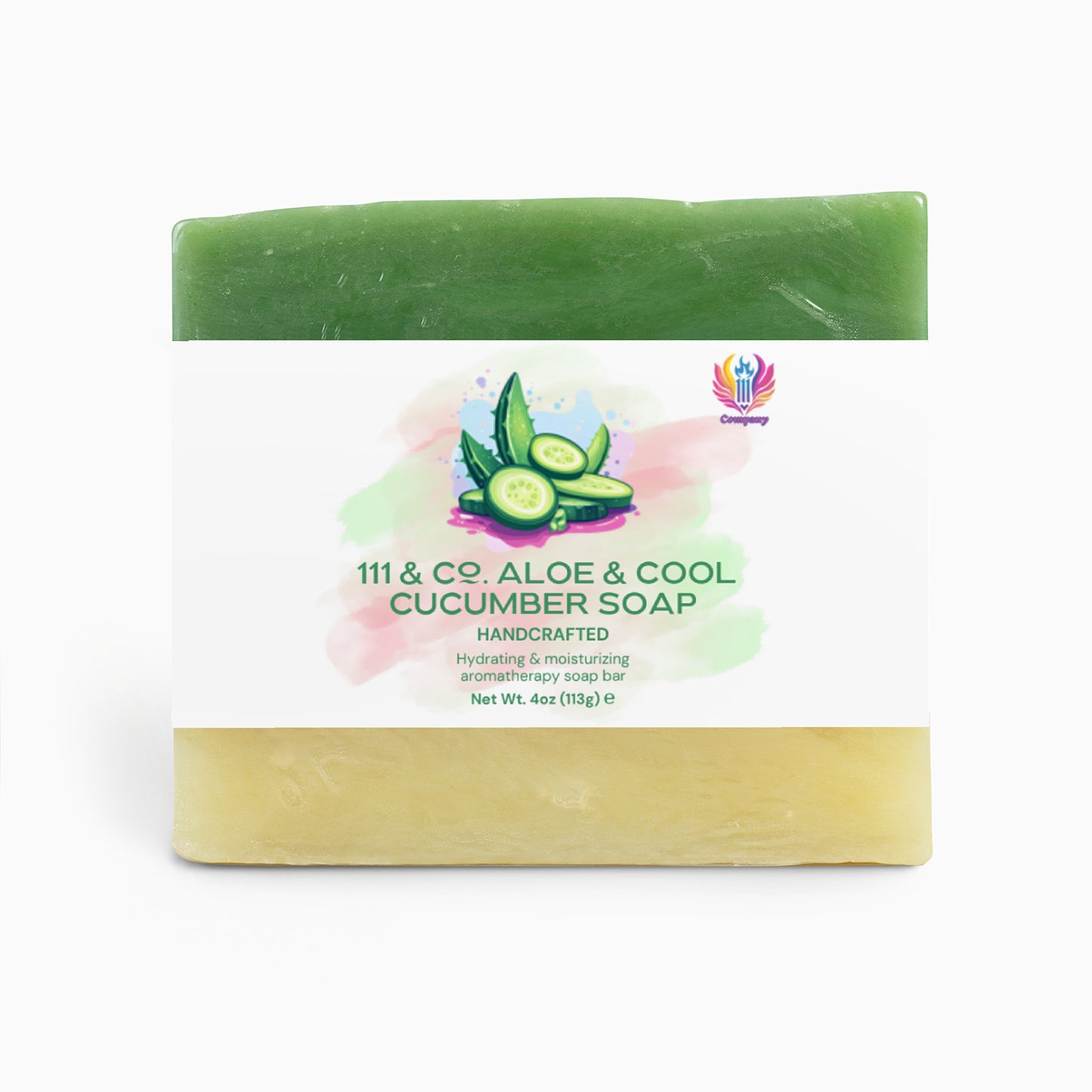 The 111 & Co. ALOE & COOL CUCUMBER SOAP by 111 & Company is a 4oz/113g soap bar, dual-colored with green and yellow layers, ideal for sensitive skin. Handcrafted for hydration and moisture, it features aloe and cucumber illustrations with a vibrant label for a colorful touch.