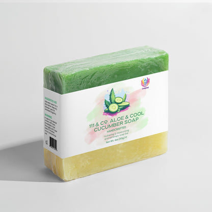 111 & Company Aloe & Cool Cucumber Soap is a handcrafted, dual-layered rectangular bar with green and yellow hues. Ideal for sensitive skin, it hydrates and weighs 4oz (113g). The clear packaging features a cucumber design and side instructions.