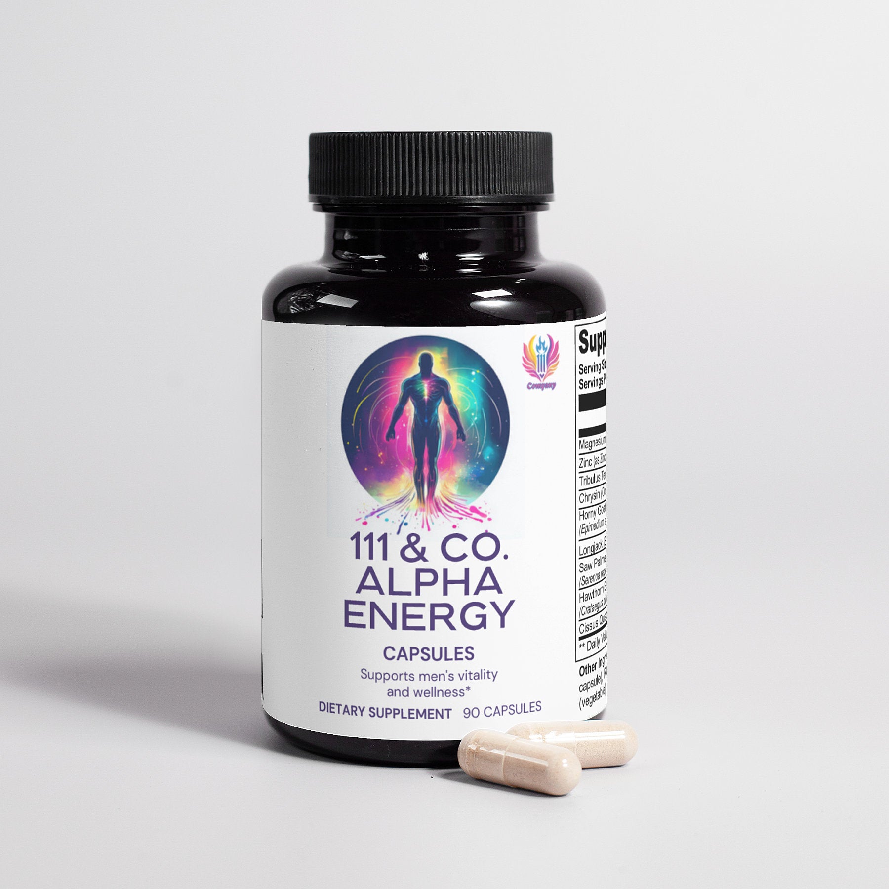 A black bottle labeled 111 & Co. ALPHA ENERGY by 111 & Company features a colorful illustration of a man, highlighting mens health and vitality, with text focusing on cardiovascular wellness. Nearby, two beige capsules rest on a white background.