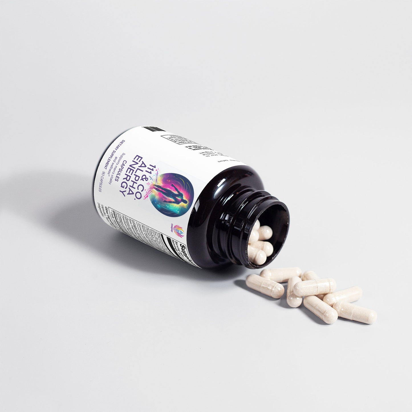 A black bottle labeled 111 & Co. ALPHA ENERGY from 111 & Company lies on its side against a white background, promoting cardiovascular wellness. White capsules spill from the open bottle, forming a small pile. The label features a colorful circular design with text beneath it.