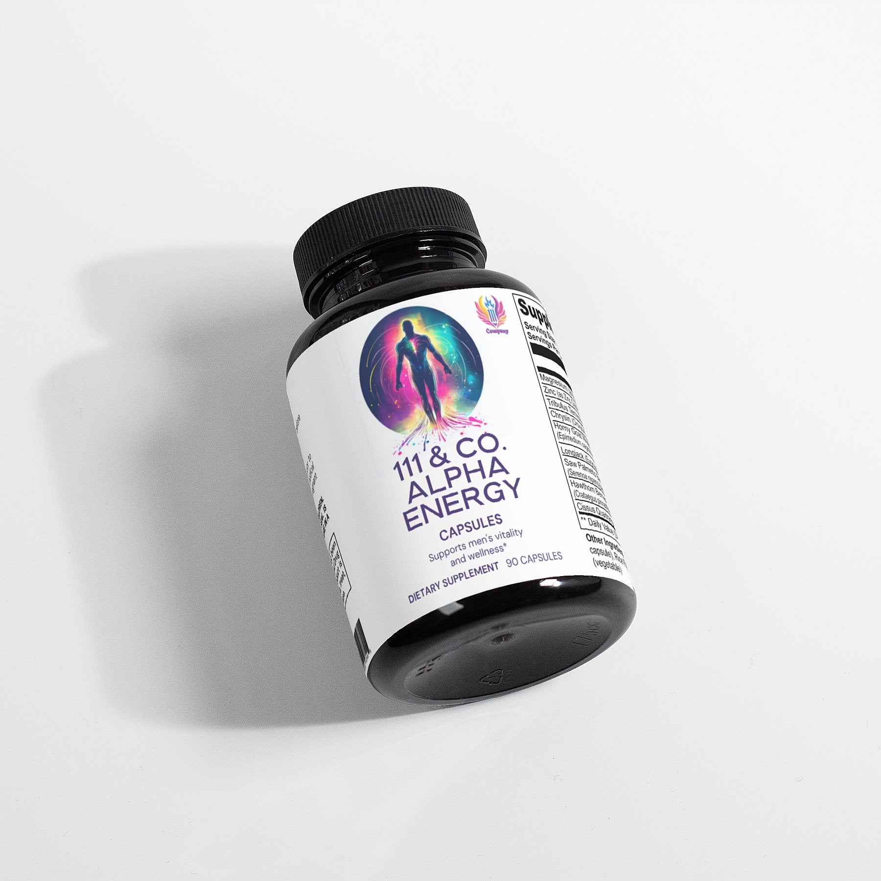 A black bottle of 111 & Company ALPHA ENERGY lies sideways on a white background, with a vibrant silhouette of a person in an energy sphere on the label symbolizing cardiovascular wellness, containing 60 capsules sealed under the cap.