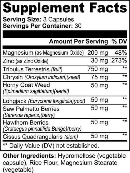 The 111 & Co. ALPHA ENERGY by 111 & Company is designed for muscle support and mens health, featuring a supplement facts label with a serving size of 3 capsules and 30 servings per container. Key ingredients are magnesium, zinc, tribulus terrestris, horny goat weed, longjack, saw palmetto, hawthorn berries, and cissus quadrangularis.