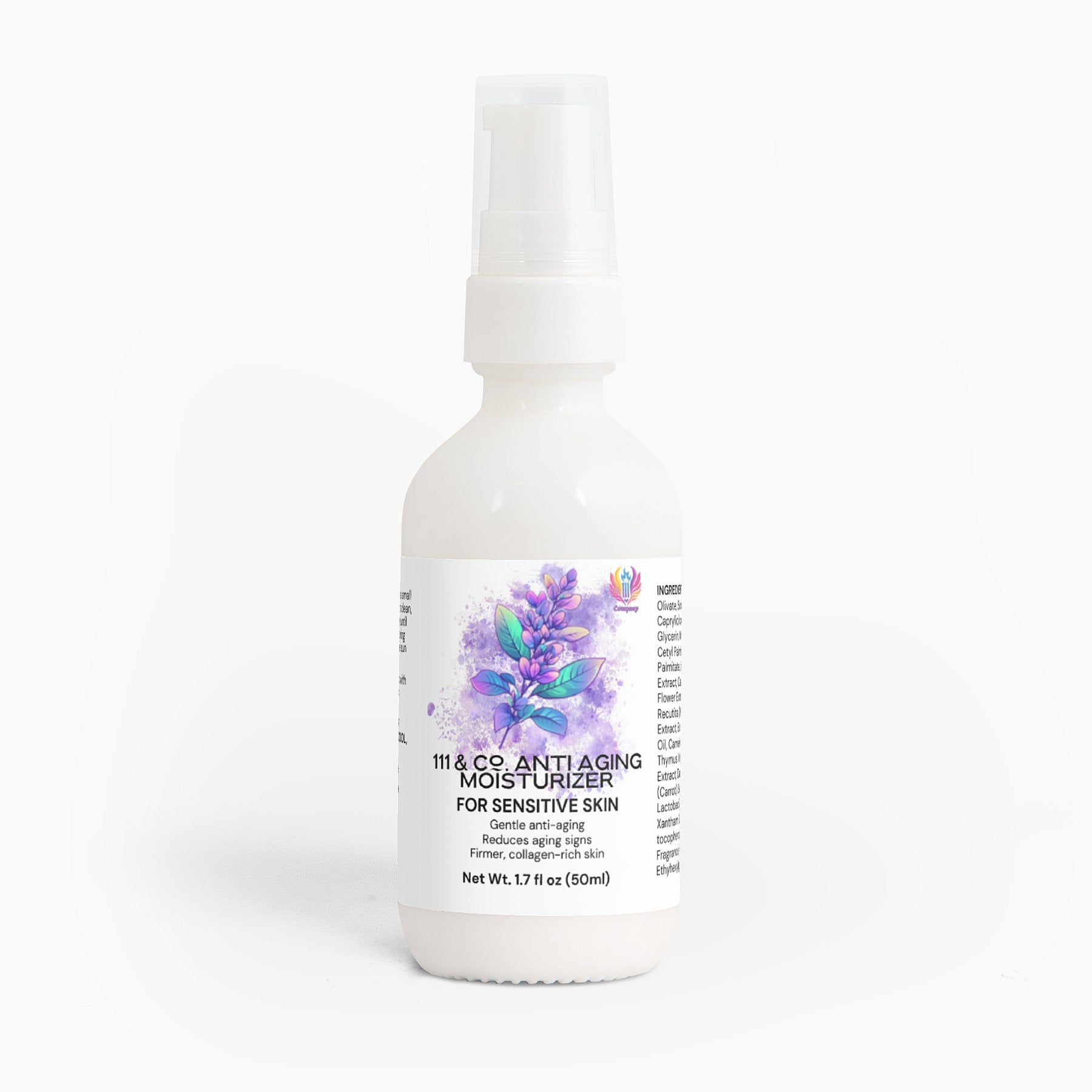 A 1.7 fl oz (50 ml) white bottle of  111 & Co. Anti-Aging Moisturizer for sensitive skin has a pump dispenser. The label showcases its benefits for skin elasticity and collagen, with a purple floral design and black text on a plain white backdrop.