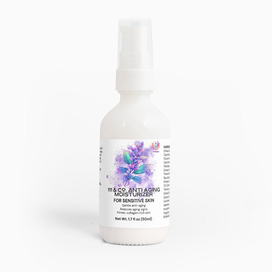 A 1.7 fl oz (50 ml) white bottle of  111 & Co. Anti-Aging Moisturizer for sensitive skin has a pump dispenser. The label showcases its benefits for skin elasticity and collagen, with a purple floral design and black text on a plain white backdrop.