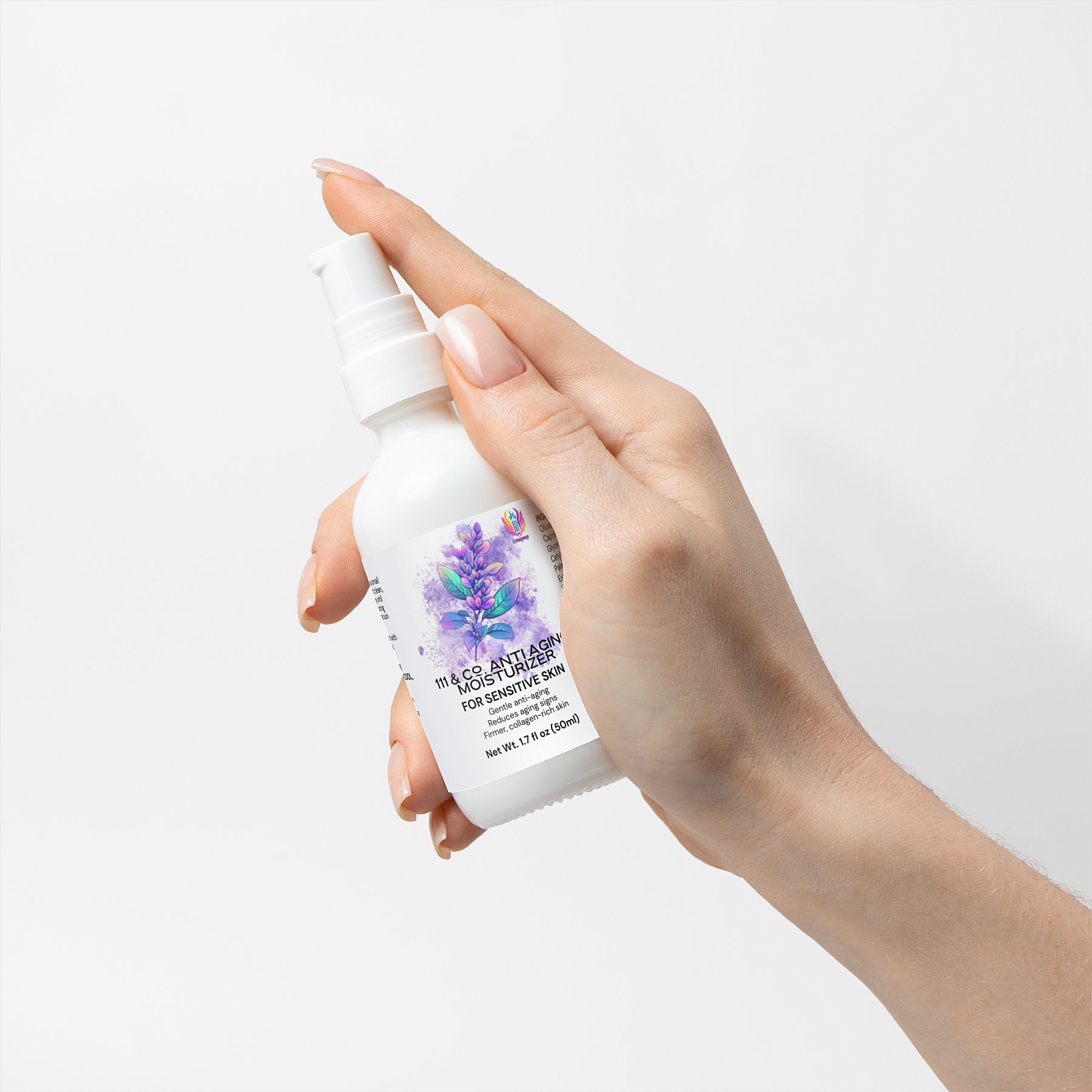 A light-skinned hand with manicured nails holds a white bottle of 111 & Co. ANTI AGING MOISTURIZER FOR SENSITIVE SKIN by 111 & Company, featuring a pump dispenser and a label with purple flowers, perfect for improving skin elasticity, set against a white background.