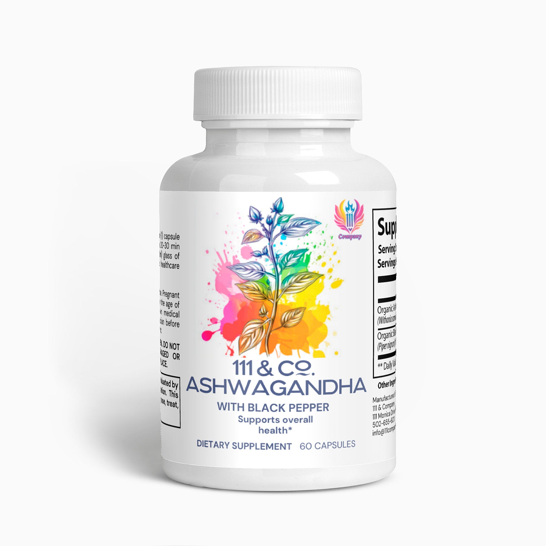 A white bottle labeled 111 & Company Ashwagandha (with Black Pepper) features a vibrant plant design and reflects Ayurvedic roots. It holds 60 dietary supplement capsules, promoting overall health. The white cap complements the labels sleek design.