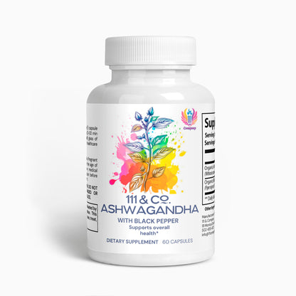A white bottle labeled 111 & Company Ashwagandha (with Black Pepper) features a vibrant plant design and reflects Ayurvedic roots. It holds 60 dietary supplement capsules, promoting overall health. The white cap complements the labels sleek design.
