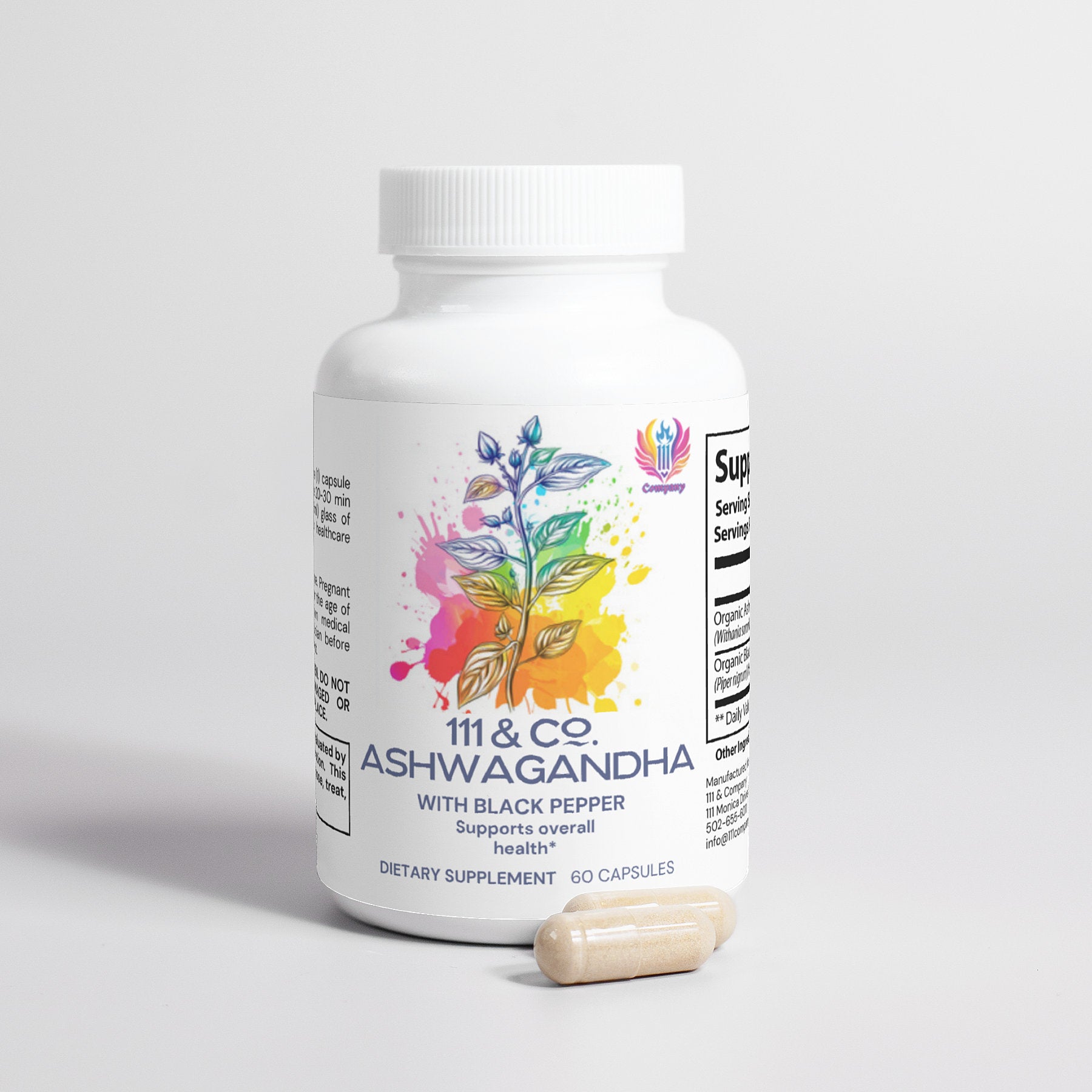 The 111 & Company Ashwagandha (with Black Pepper) features a vibrant plant illustration, emphasizing its adaptogenic benefits for overall health. The white bottle with a white cap holds 60 capsules, derived from Ayurvedic medicine. Two beige capsules are displayed beside it.