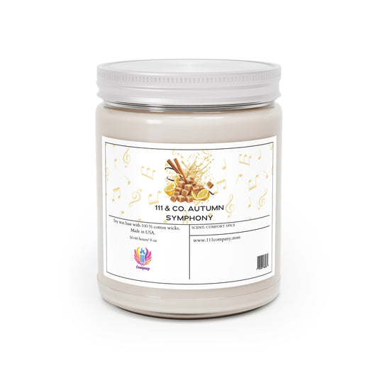 The 111 & Company Autumn Symphony Comfort Spice Scented Candle by 111 & Company features cream soy wax with an eco cotton wick. Musical notes and autumn leaves adorn the label, creating a cozy ambiance as its fragrance fills the room.