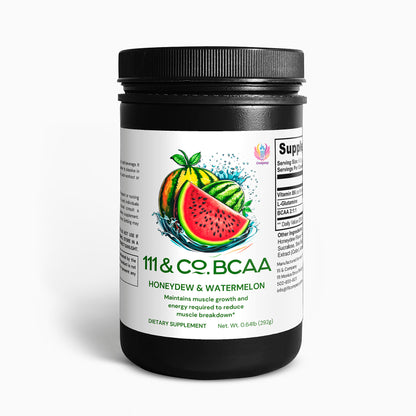A black container of  111 & COMPANY BCAA dietary powder showcases honeydew and watermelon graphics, highlights benefits like muscle growth maintenance and recovery, and weighs 0.64 lb (292g), labeled Honeydew & Watermelon.
