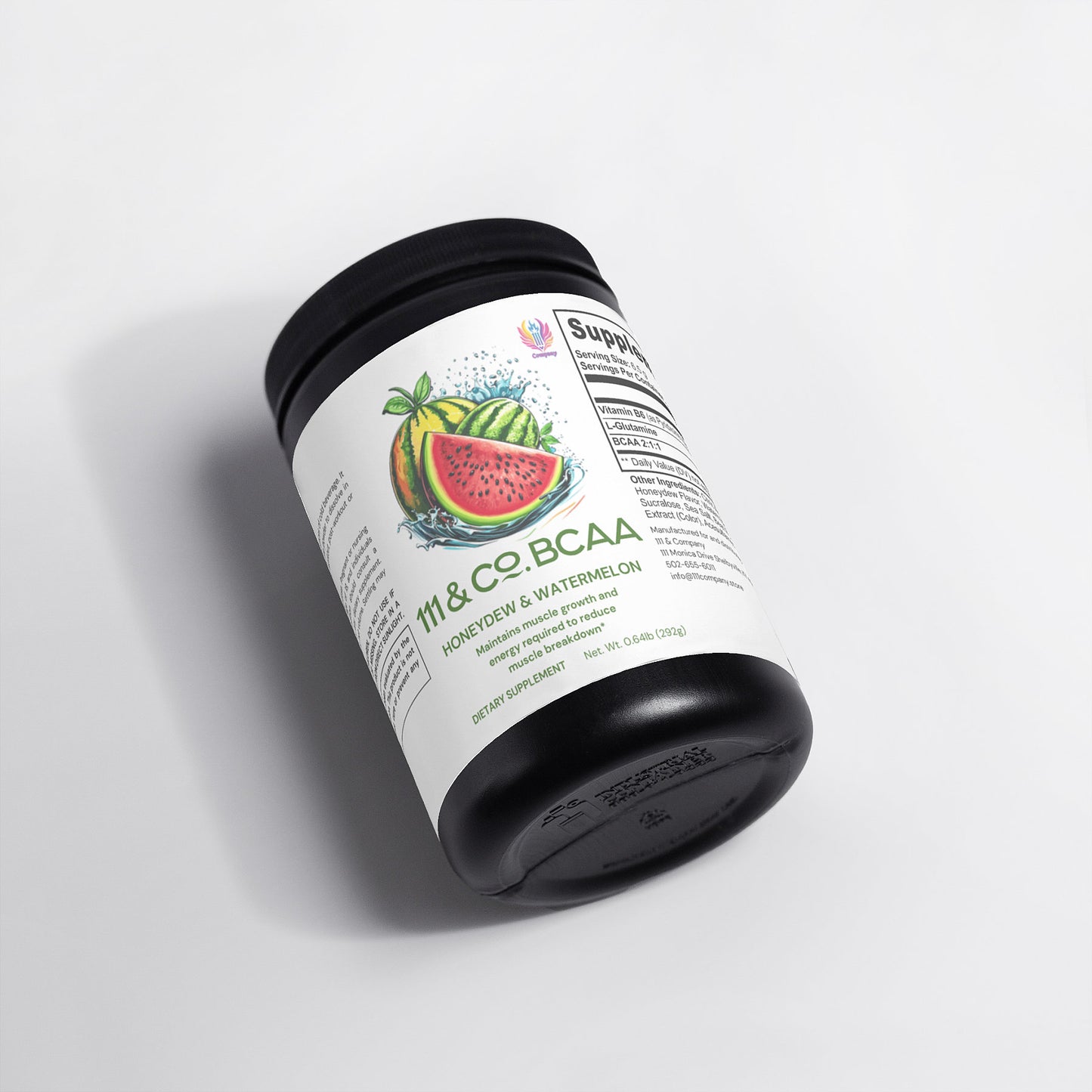 A black container of 111 & COMPANY BCAA Post Workout Powder (Honeydew/Watermelon) features a honeydew and watermelon design with the flavor text. It highlights muscle recovery benefits, includes supplement facts and branding, and has a black lid on a plain white background.