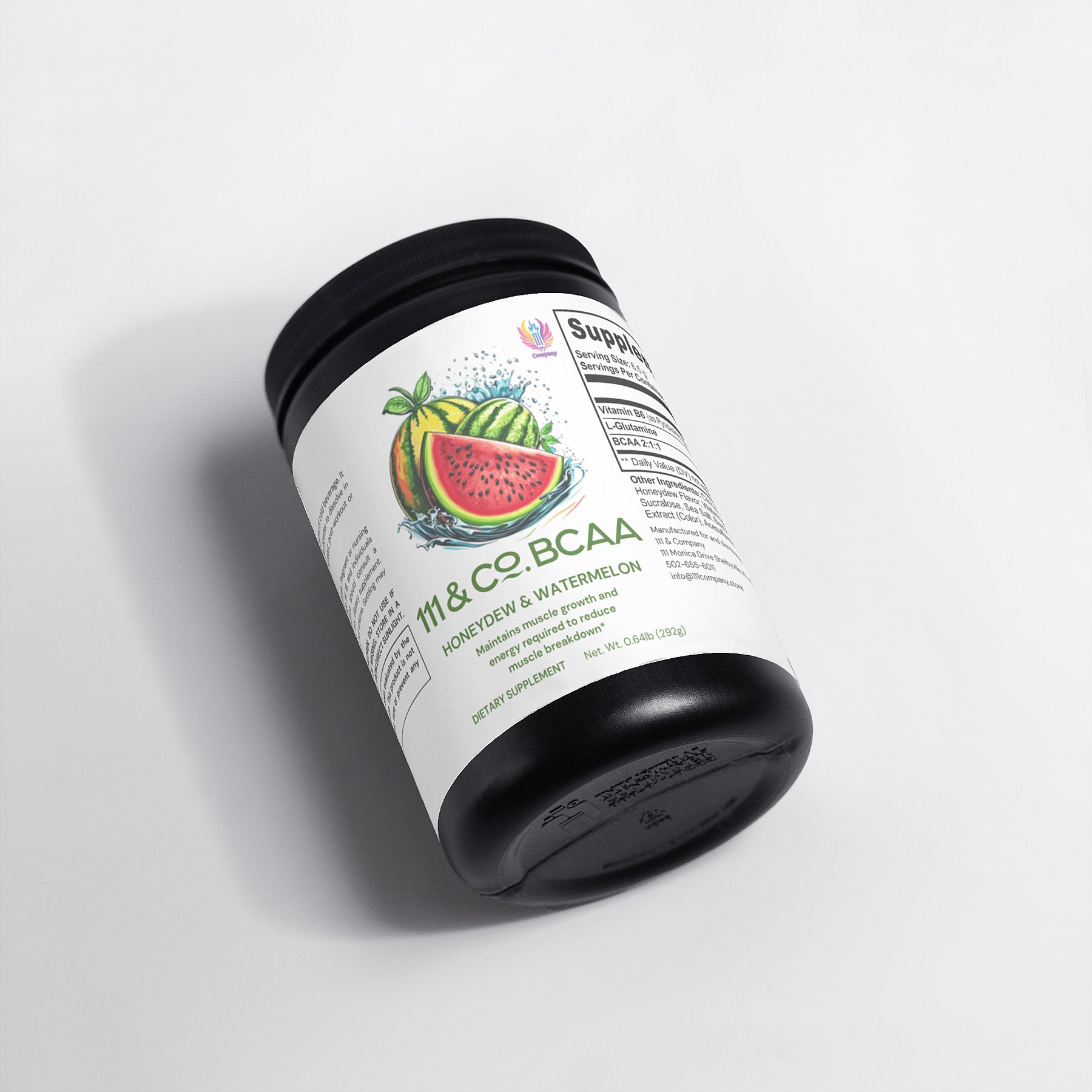 A black container of 111 & COMPANY BCAA Post Workout Powder (Honeydew/Watermelon) features a honeydew and watermelon design with the flavor text. It highlights muscle recovery benefits, includes supplement facts and branding, and has a black lid on a plain white background.