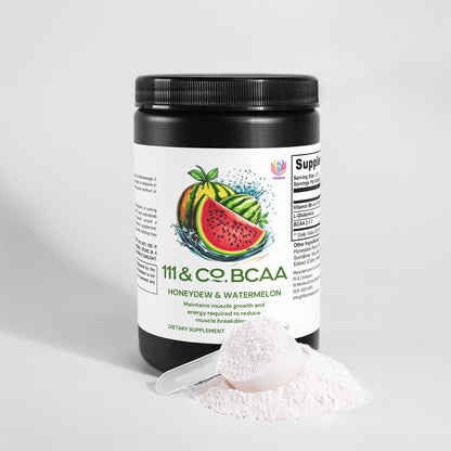 The 111 & COMPANY BCAA POST WORKOUT POWDER by 111 & Company comes in a black container with honeydew and watermelon flavors, featuring fruit illustrations and nutritional information focusing on muscle recovery amino acids. A white scoop with powder is displayed in front.